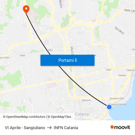 VI Aprile - Sangiuliano to INFN Catania map