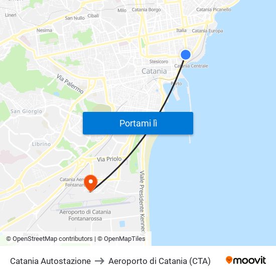 Catania Autostazione to Aeroporto di Catania (CTA) map