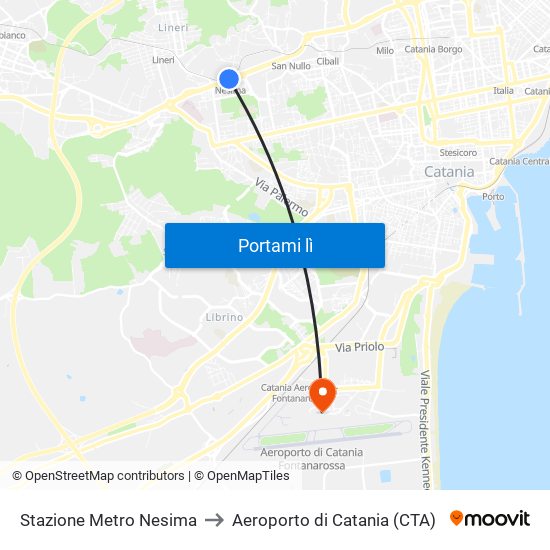 Stazione Metro Nesima to Aeroporto di Catania (CTA) map