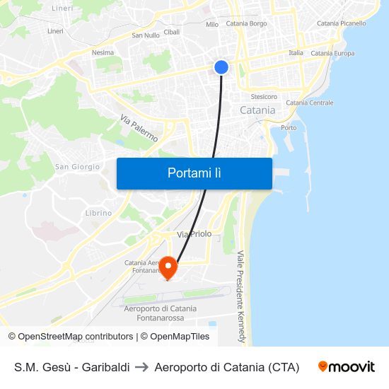 S.M. Gesù - Garibaldi to Aeroporto di Catania (CTA) map