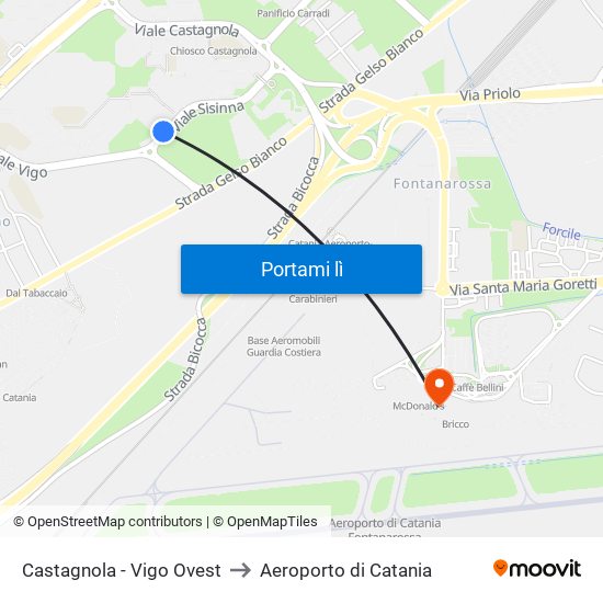 Castagnola - Vigo  Ovest to Aeroporto di Catania map
