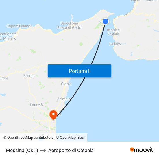 Messina (C&T) to Aeroporto di Catania map