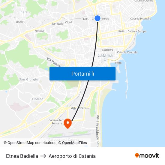 Etnea Badiella to Aeroporto di Catania map