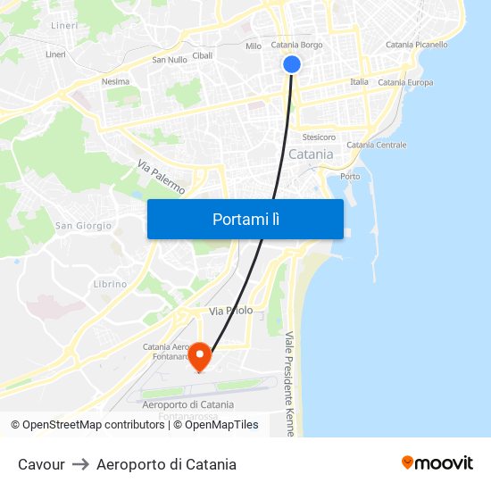 Cavour to Aeroporto di Catania map