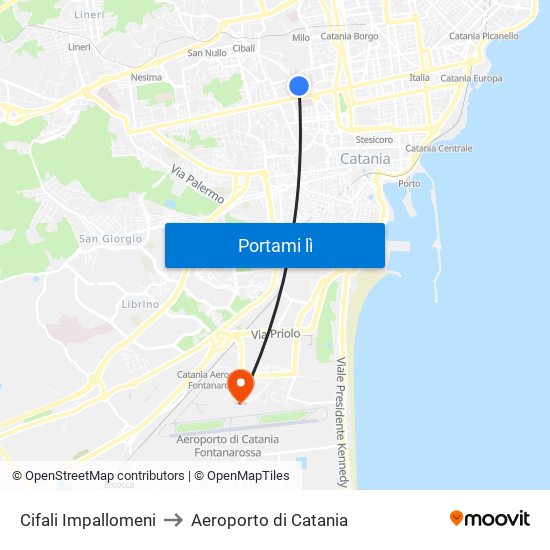 Cifali Impallomeni to Aeroporto di Catania map