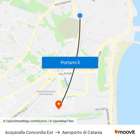 Acquicella Concordia Est to Aeroporto di Catania map