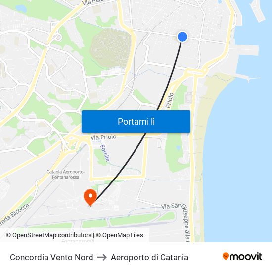 Concordia Vento Nord to Aeroporto di Catania map