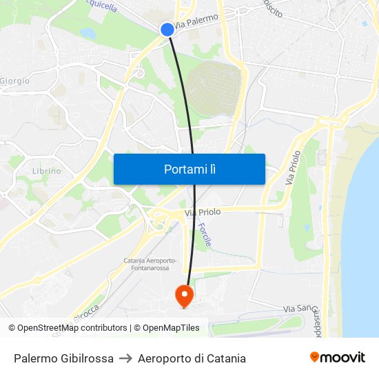 Palermo Gibilrossa to Aeroporto di Catania map