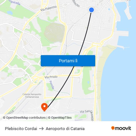 Plebiscito Cordai to Aeroporto di Catania map