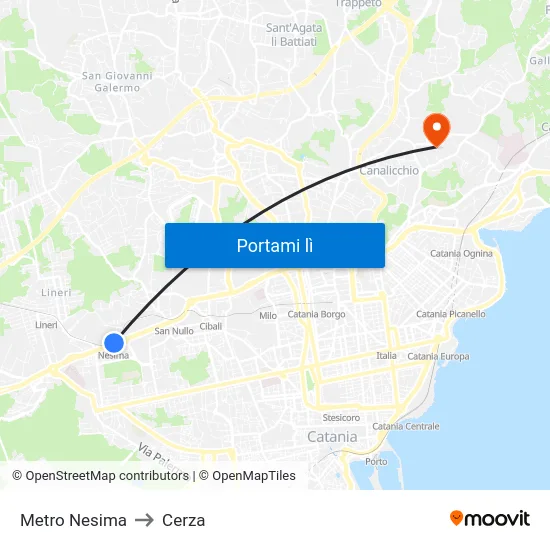 Metro Nesima to Cerza map