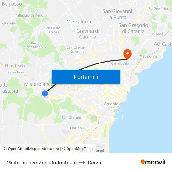 Misterbianco Zona Industriale to Cerza map