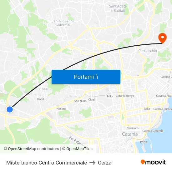 Misterbianco C.C. Auchan to Cerza map