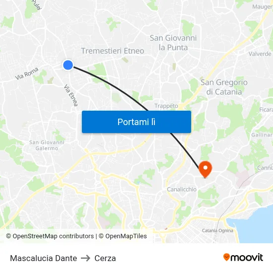 Mascalucia Dante to Cerza map