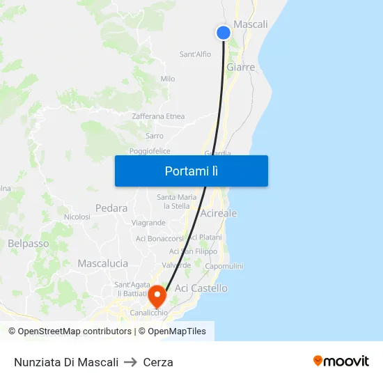 Nunziata Di Mascali to Cerza map