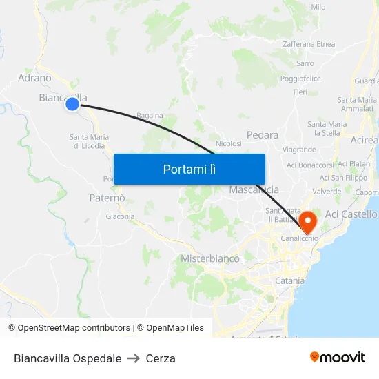 Biancavilla Ospedale to Cerza map