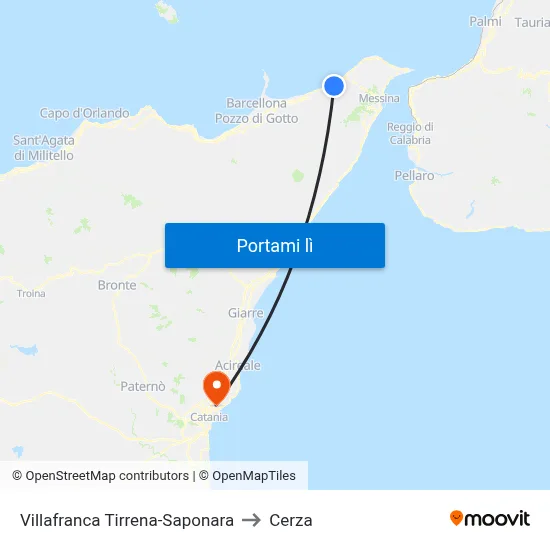 Villafranca Tirrena-Saponara to Cerza map