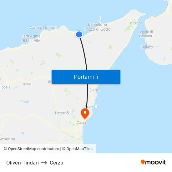 Oliveri-Tindari to Cerza map