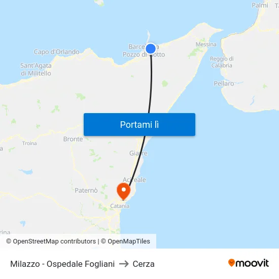 Milazzo - Ospedale Fogliani to Cerza map