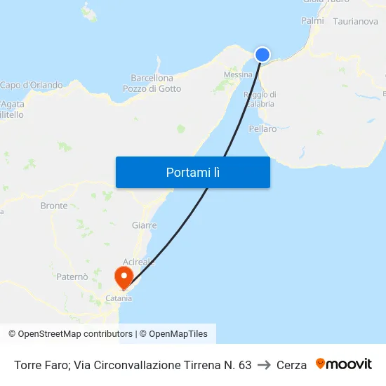 Torre Faro; Via Circonvallazione Tirrena N. 63 to Cerza map