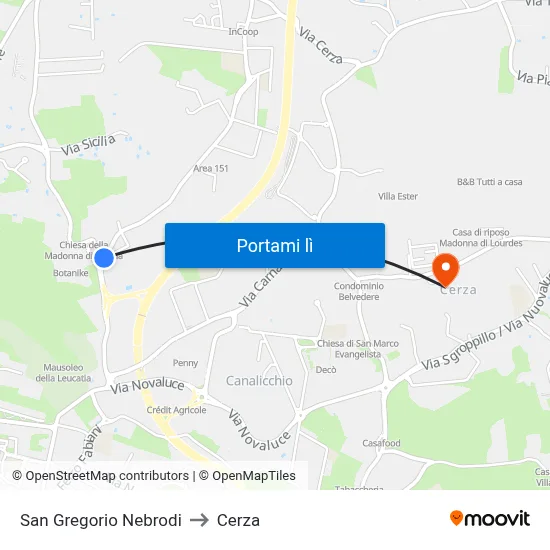 San Gregorio Nebrodi to Cerza map