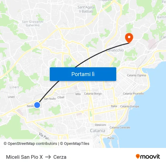 Miceli San Pio X to Cerza map