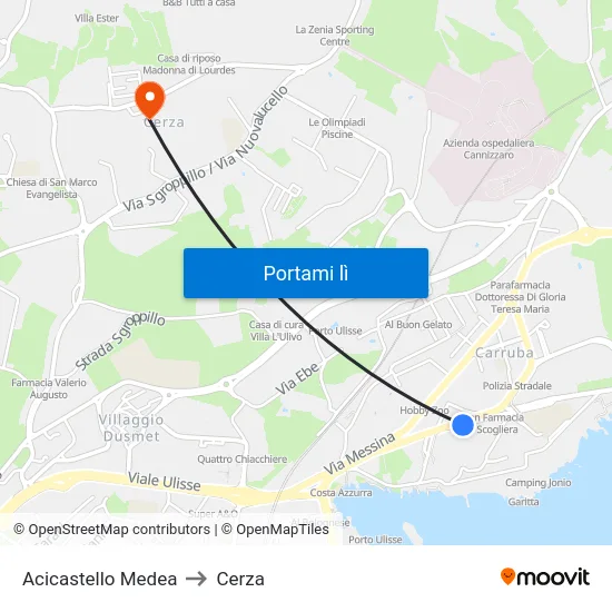 Acicastello Medea to Cerza map