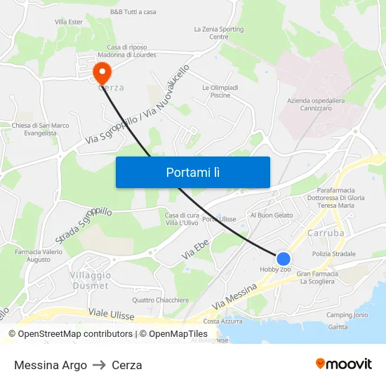 Messina Argo to Cerza map