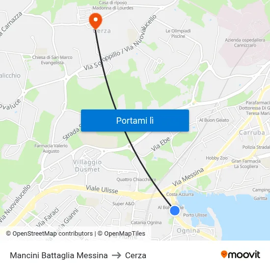 Mancini Battaglia Messina to Cerza map