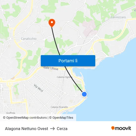 Alagona Nettuno Ovest to Cerza map