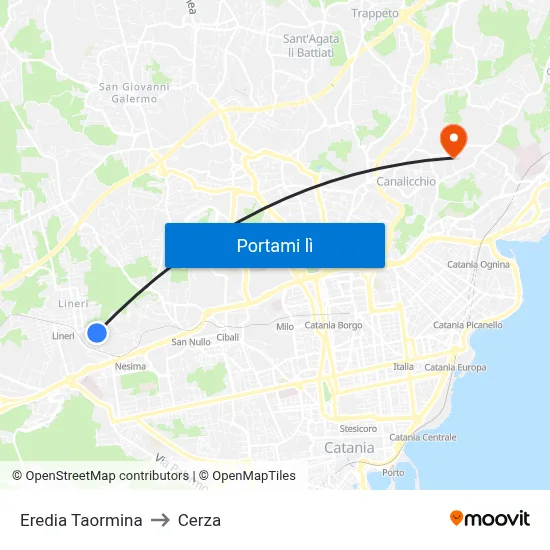 Eredia Taormina to Cerza map