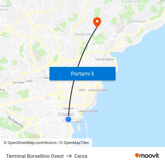 Terminal Borsellino Ovest to Cerza map
