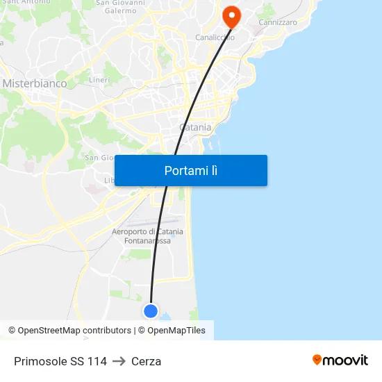 Primosole SS 114 to Cerza map
