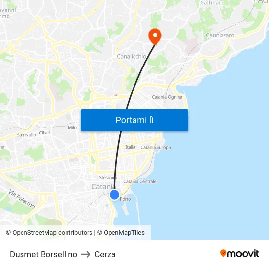 Dusmet Borsellino to Cerza map