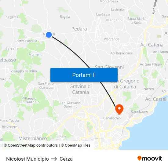 Nicolosi Municipio to Cerza map