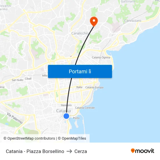 Catania - Piazza Borsellino to Cerza map