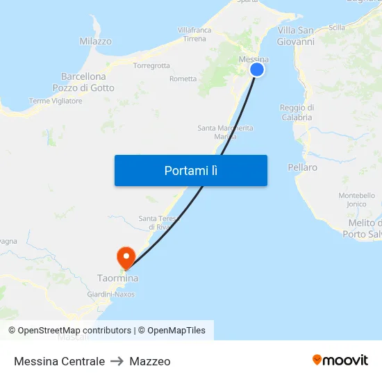 Messina Centrale to Mazzeo map