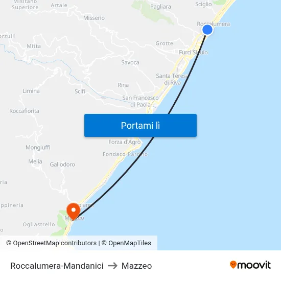 Roccalumera-Mandanici to Mazzeo map