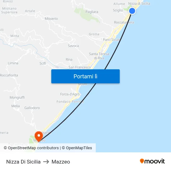 Nizza Di Sicilia to Mazzeo map