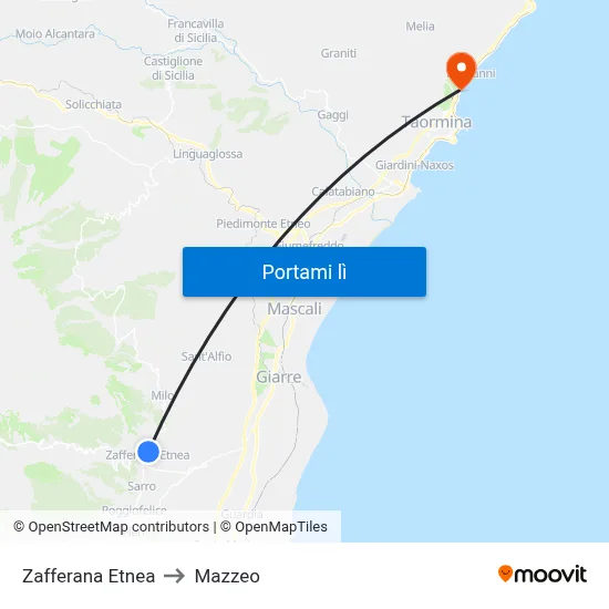 Zafferana Etnea to Mazzeo map