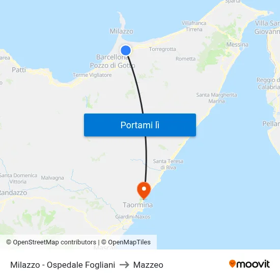 Milazzo - Ospedale Fogliani to Mazzeo map
