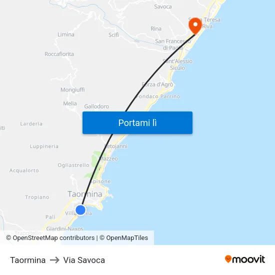 Taormina to Via Savoca map