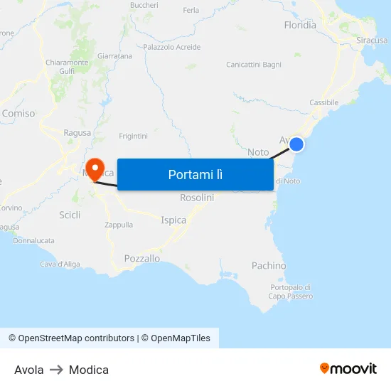 Avola to Modica map