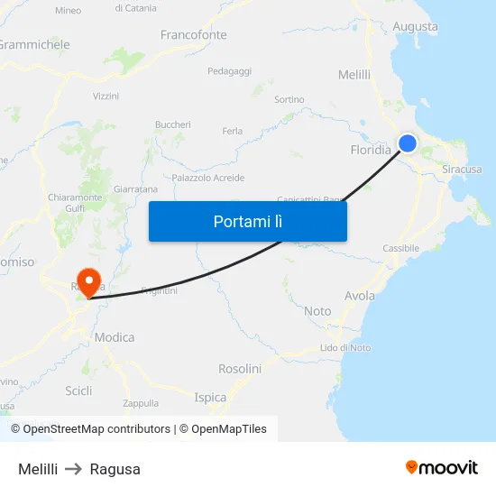 Melilli to Ragusa map