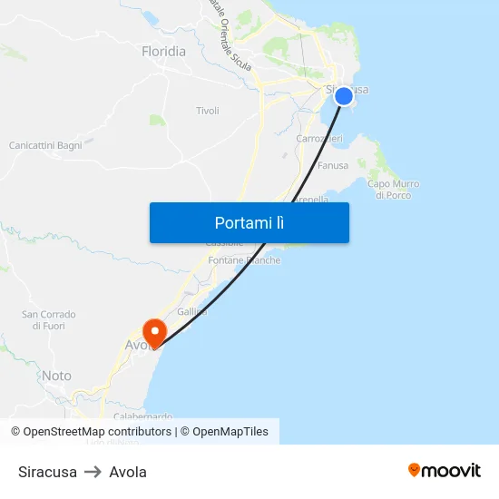 Siracusa to Avola map