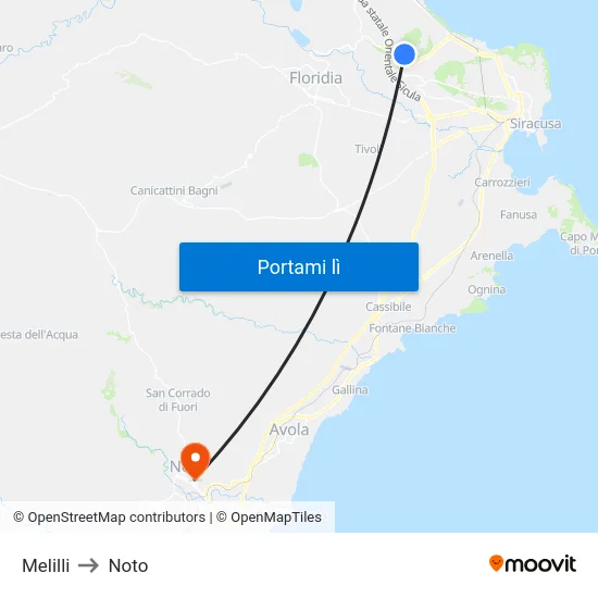 Melilli to Noto map