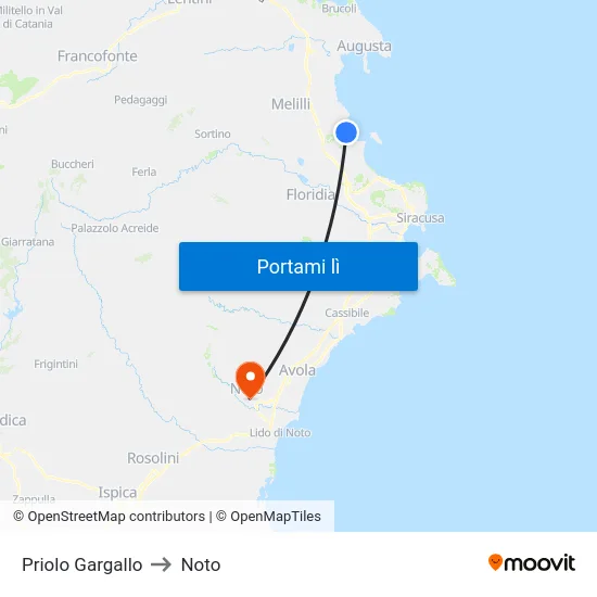 Priolo Gargallo to Noto map