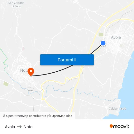 Avola to Noto map
