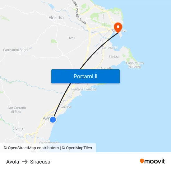 Avola to Siracusa map