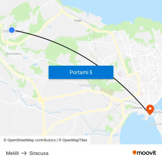 Melilli to Siracusa map
