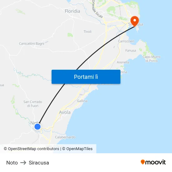 Noto to Siracusa map